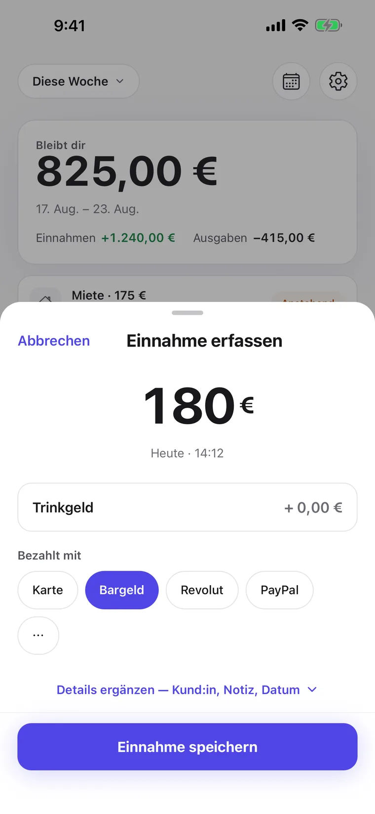 Neuer Einnahme-Eintrag: Betrag, Trinkgeld und Zahlungsart, mit Karte bezahlt