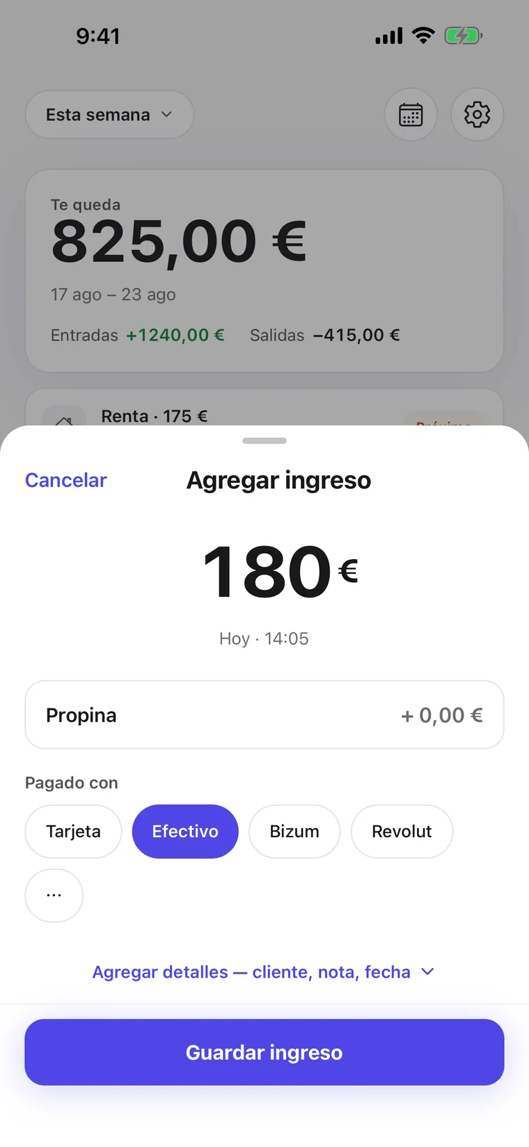 Nuevo registro de ingreso: monto, propina y forma de pago, pagado con tarjeta