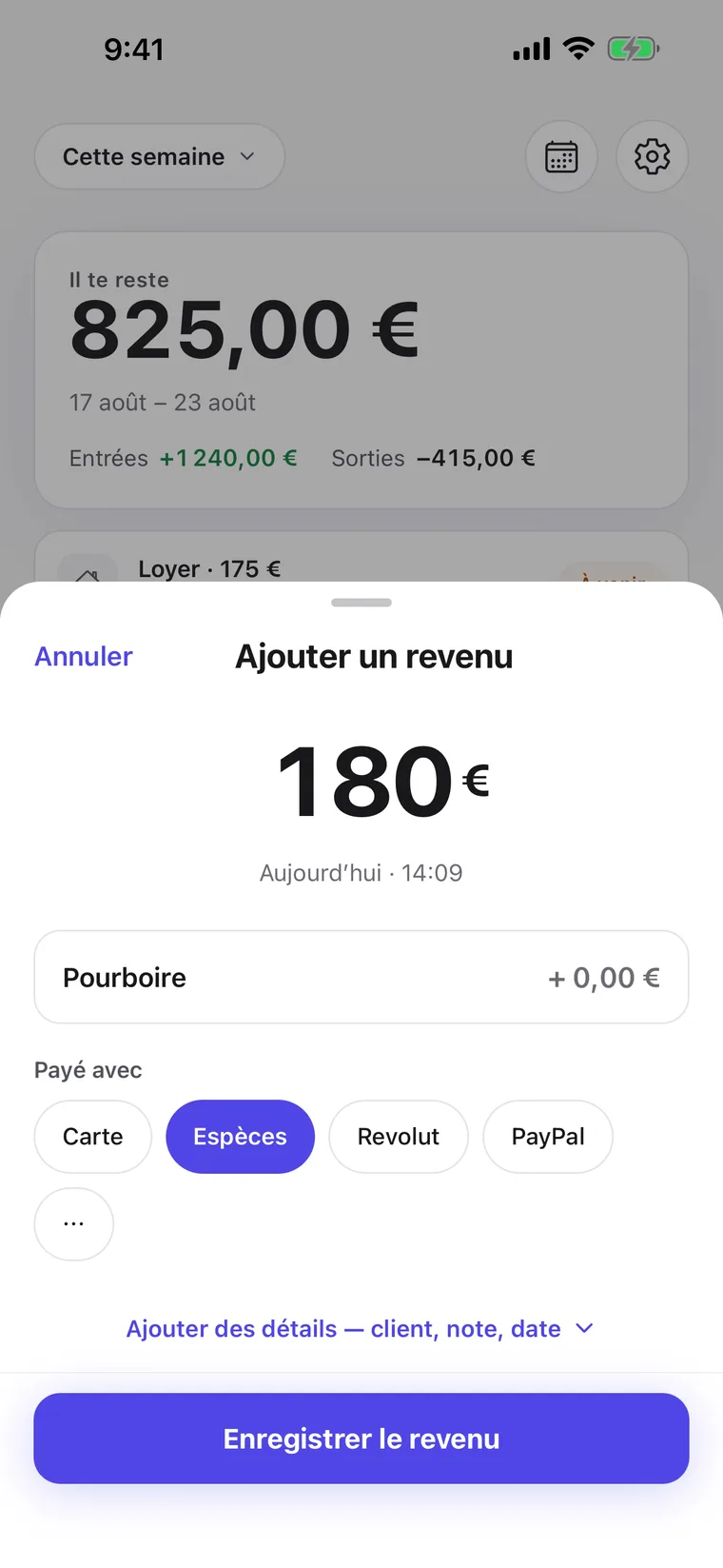 Nouvelle saisie de revenu : montant, pourboire et moyen de paiement, payé par carte