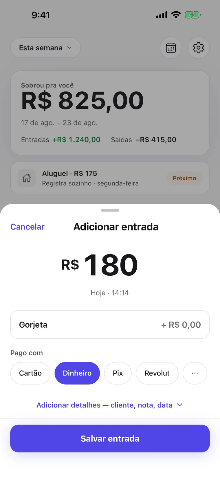 Novo registro de entrada: valor, gorjeta e forma de pagamento, pago no cartão