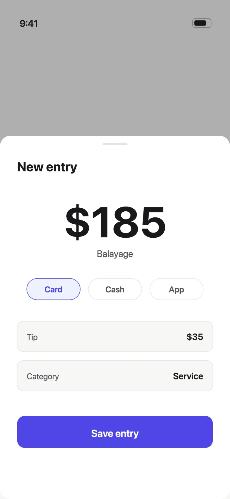 New entry sheet: $185 balayage with a $35 tip paid by card