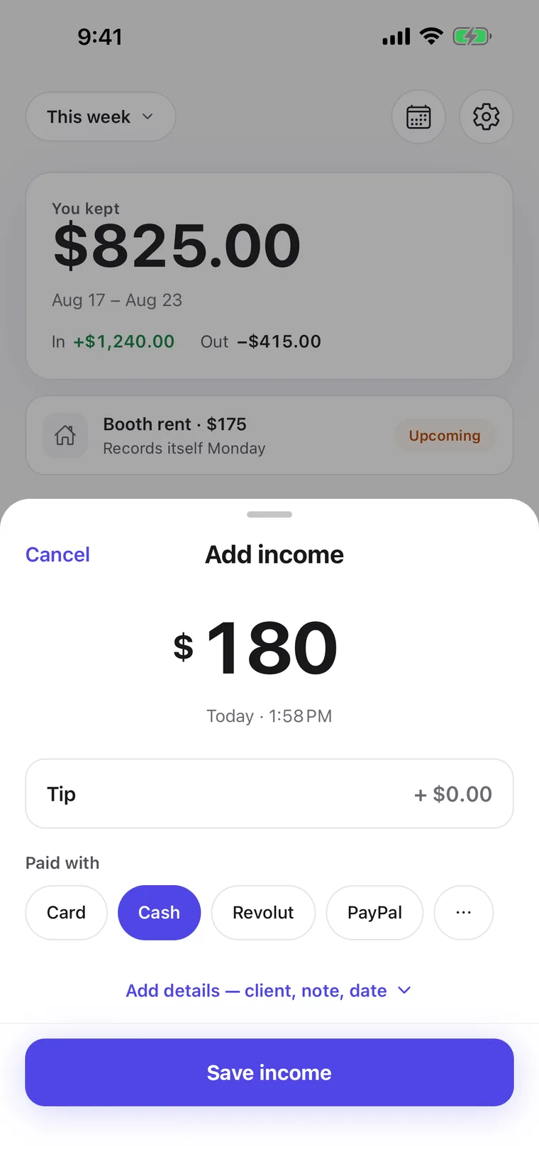 New income entry: amount, tip and payment method, paid by card