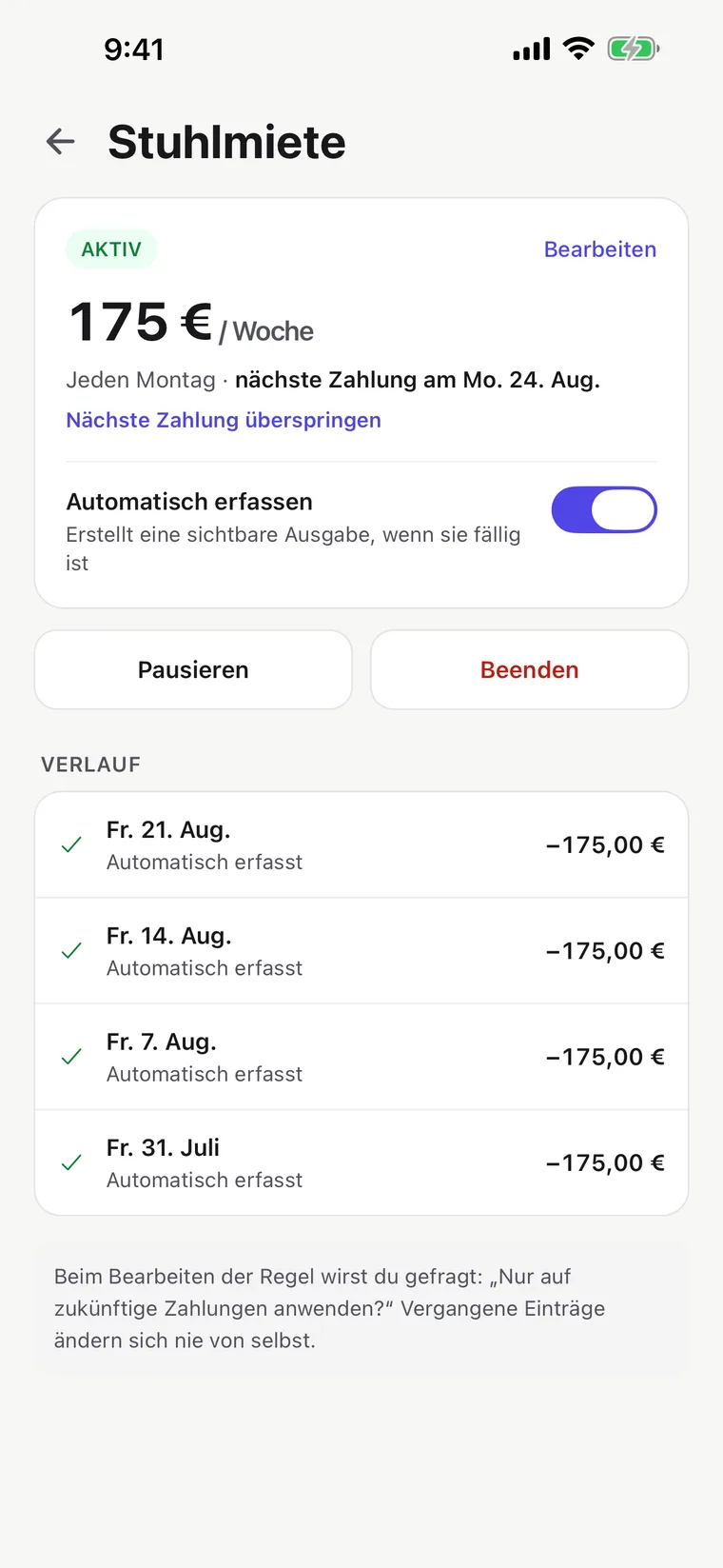 Stuhlmiete-Bildschirm: wiederkehrender Betrag und Rhythmus, automatisch erfasst, mit Zahlungsverlauf