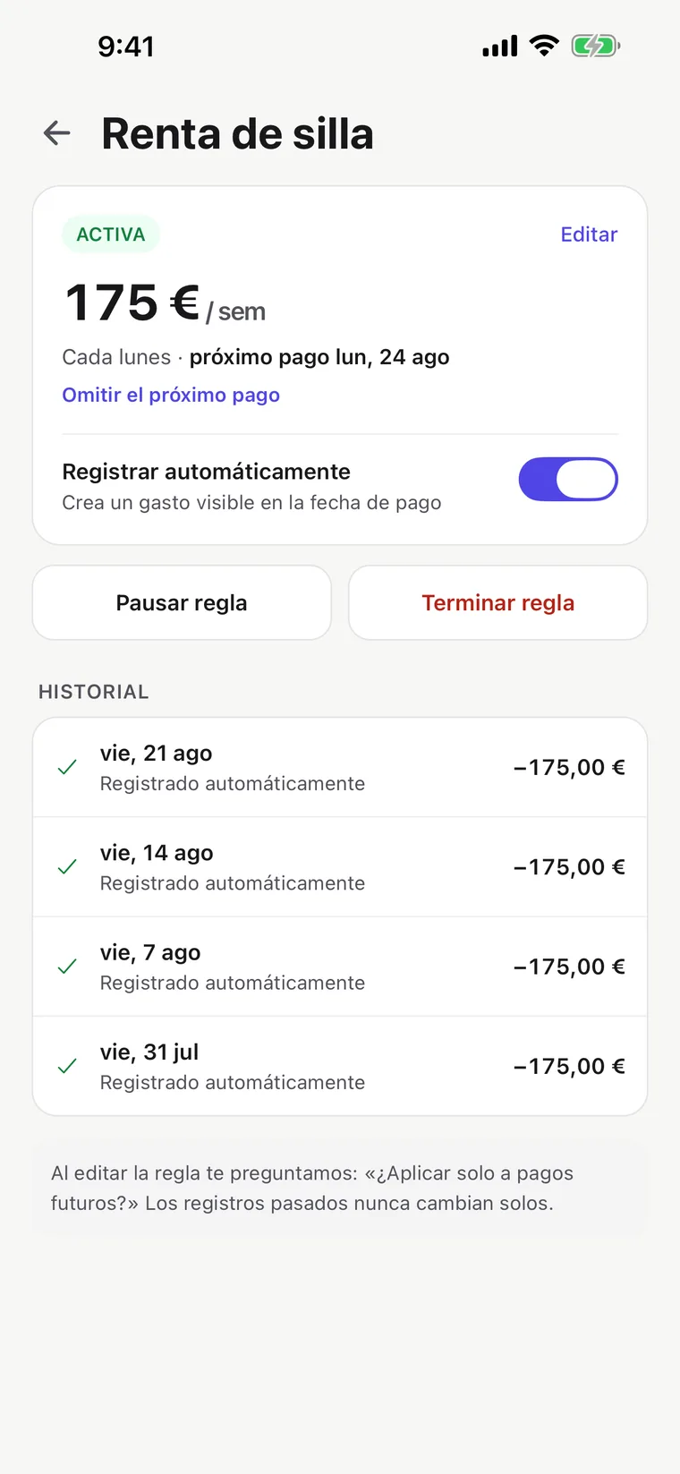 Pantalla de renta de silla: el monto recurrente y su calendario, registrado automáticamente, con historial de pagos