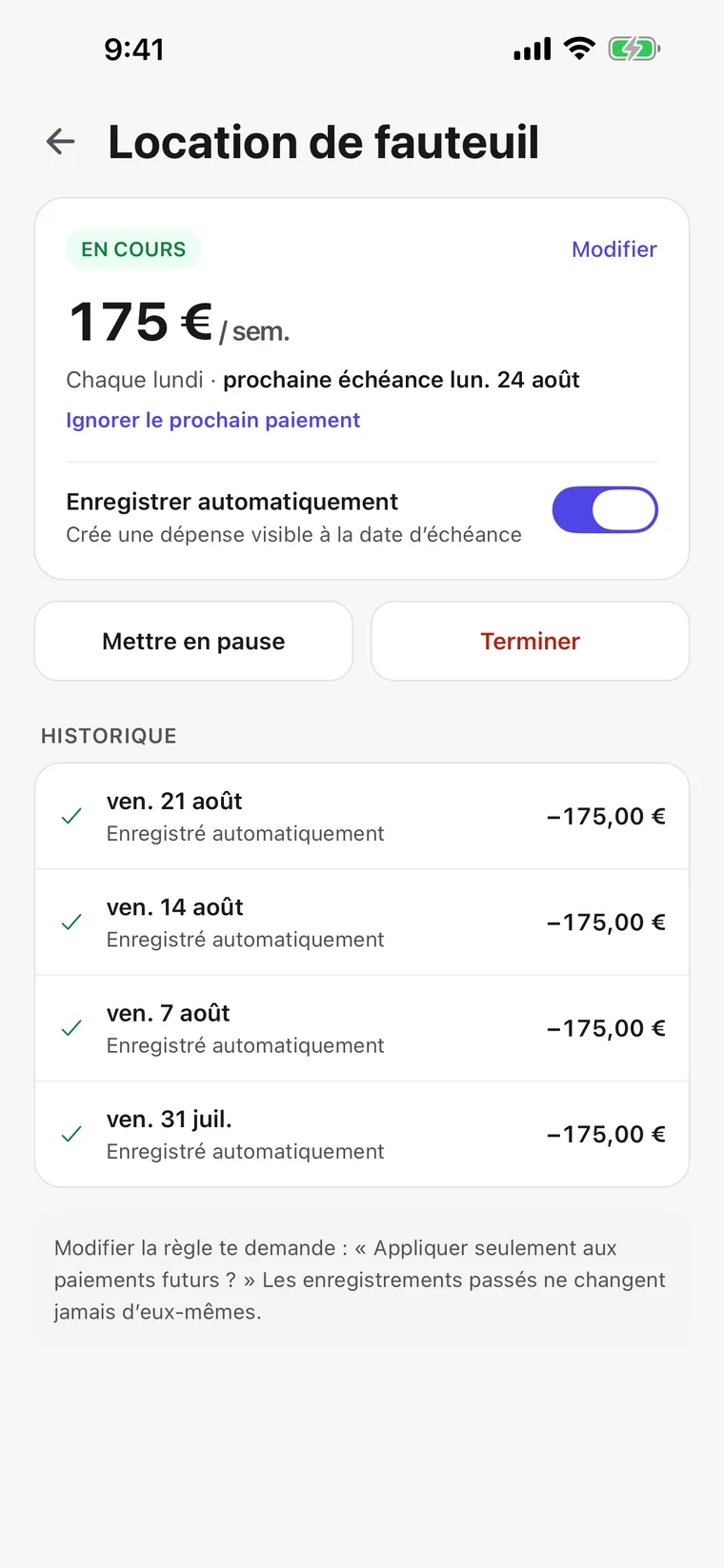 Écran de location de fauteuil : le montant récurrent et son rythme, enregistré automatiquement, avec l’historique des paiements