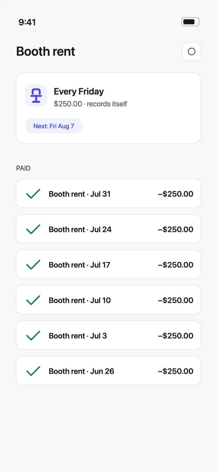 Booth rent screen: $250 every Friday, recorded automatically, with payment history