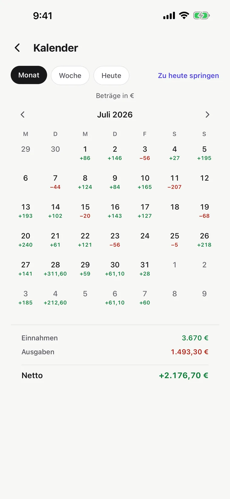 Kalender-Bildschirm: jeder Tag des Monats zeigt, was dir bleibt