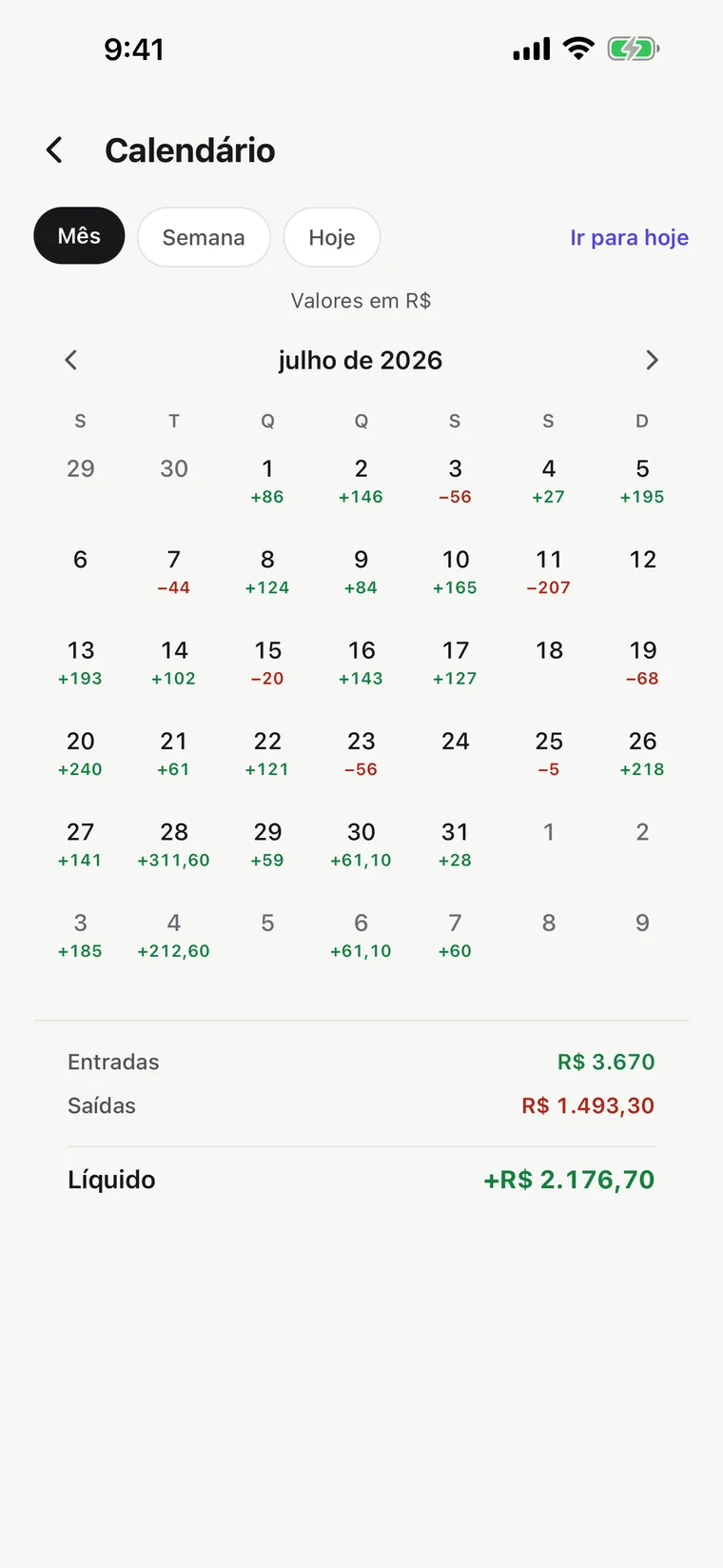 Tela do calendário: cada dia do mês mostra o que sobra pra você