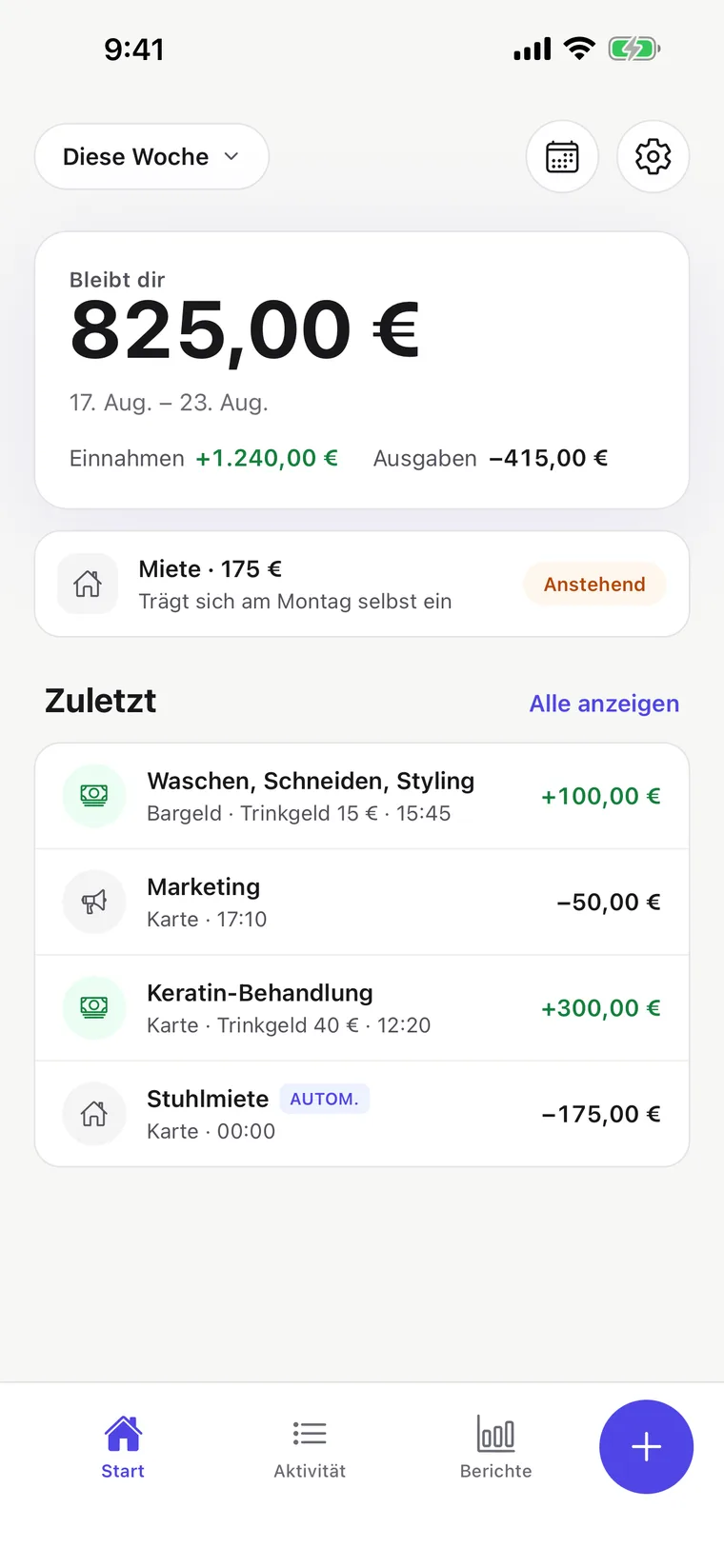 Chairly Startbildschirm: was dir diese Woche bleibt, Einnahmen und Ausgaben und die letzten Einträge