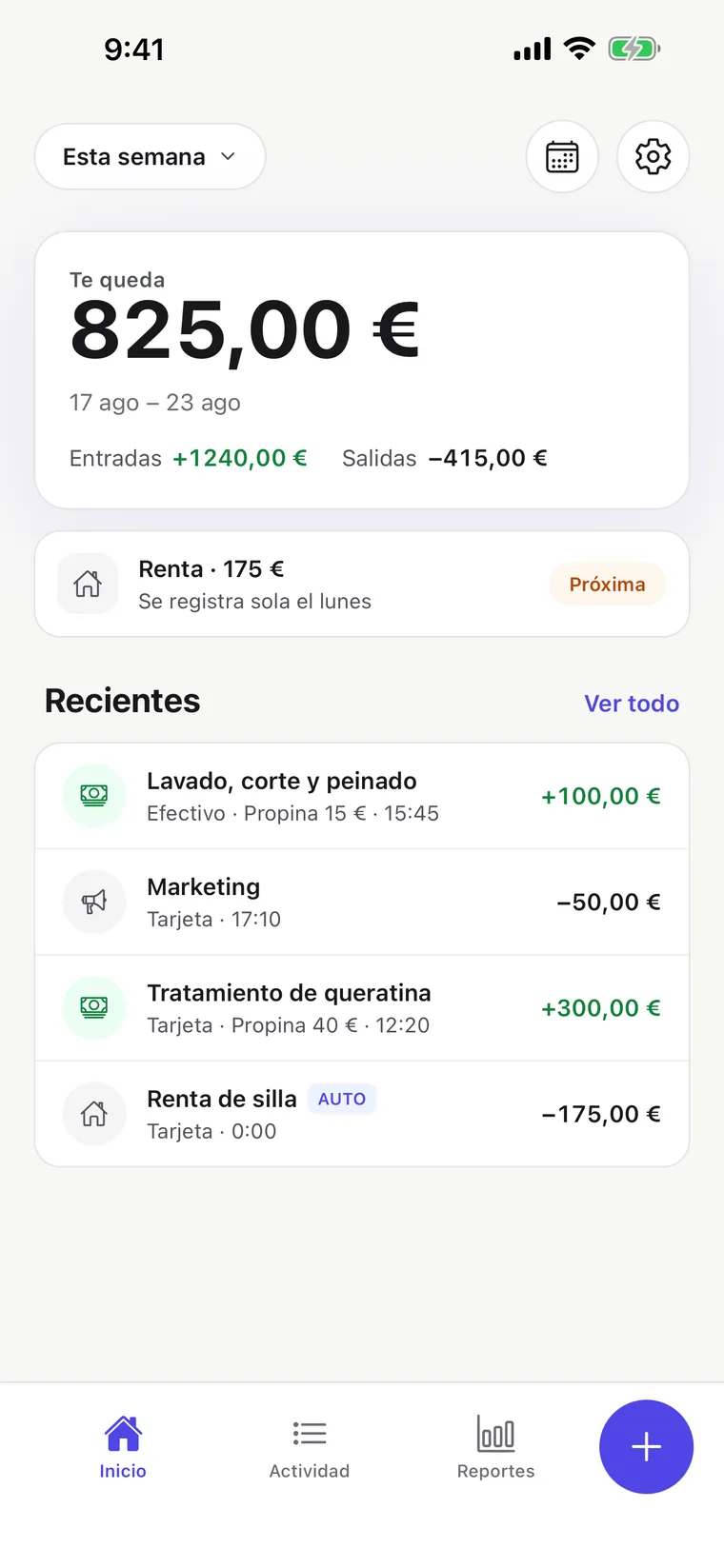 Pantalla de inicio de Chairly: lo que te queda esta semana, entradas y salidas, y los últimos registros