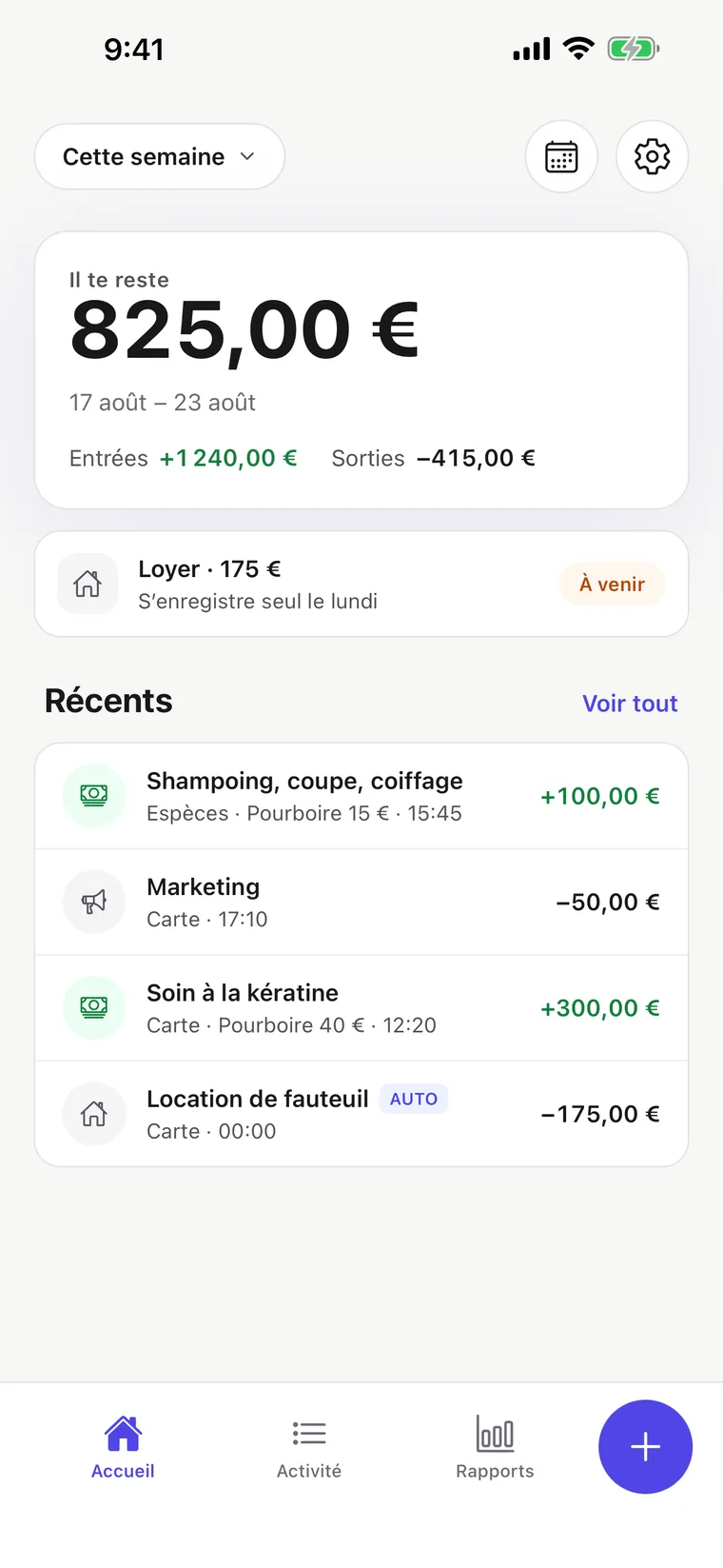 Écran d’accueil de Chairly : ce qui te reste cette semaine, entrées et sorties, et les dernières saisies