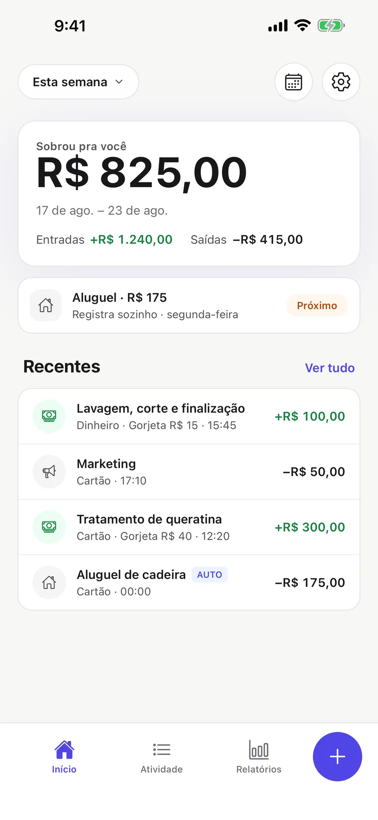 Tela inicial do Chairly: o que sobrou pra você nesta semana, entradas e saídas e os registros recentes