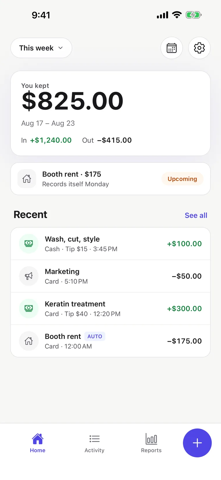 Chairly home screen: what you kept this week, money in and out, and recent entries