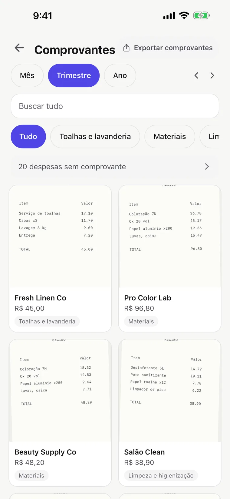 Tela de recibos: recibos fotografados e organizados por categoria