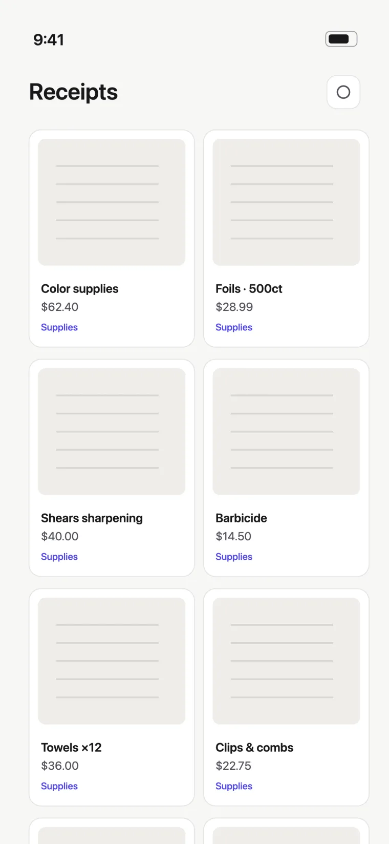 Receipts screen: photographed receipts organized by category
