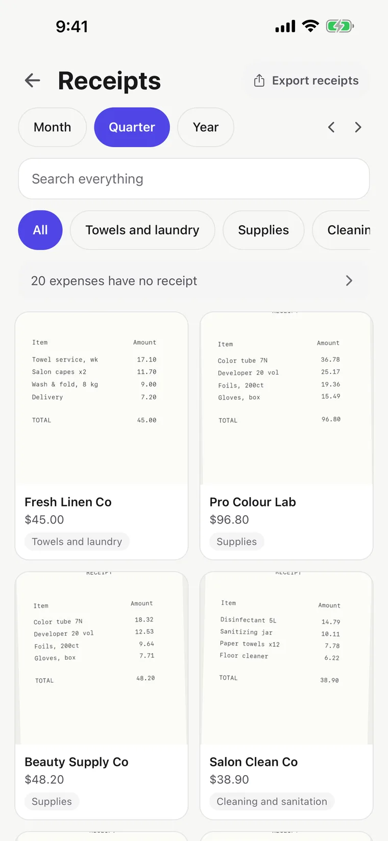Receipts screen: photographed receipts organized by category