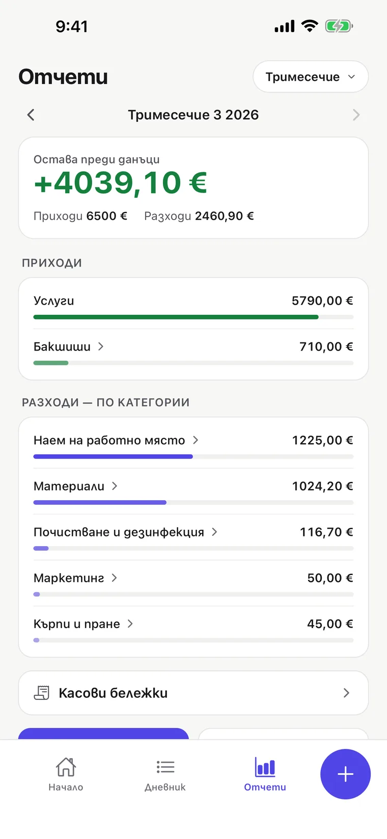Екран с отчети: месечна равносметка с приходи, разходи и това, което остава