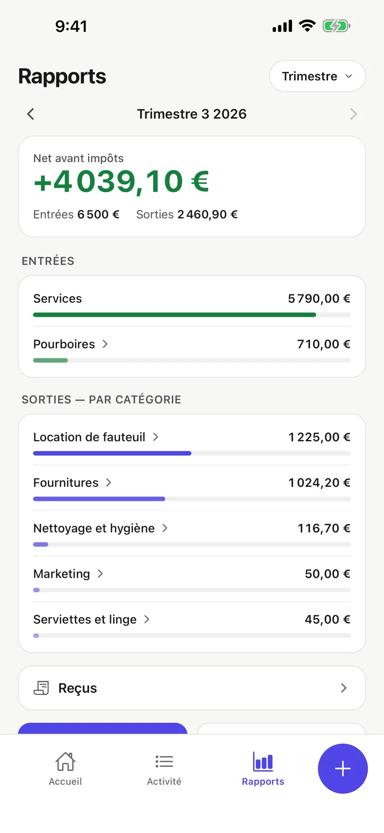 Écran des rapports : bilan mensuel avec entrées, sorties et ce qui te reste