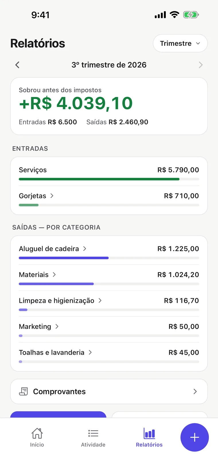 Tela de relatórios: resumo do mês com entradas, saídas e o que sobrou